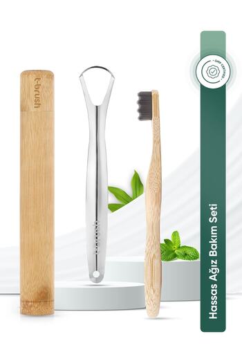 TBRUSH Nano Dark Gray Bamboo Toothbrush - Ultra Soft + Stainless Steel Tongue Cleaner + Toothbrush Cup