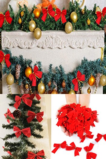 Parti dolabı 12Pcs Red Christmas Pine Tree Bow Ribbon New Year Christmas Party Decoration Ornaments 7.5x5cm