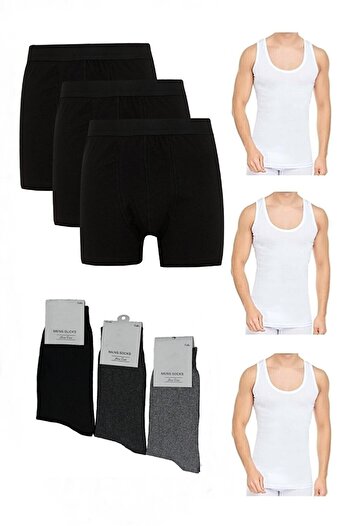 MO BU Economic Package of 9 Undershirts - Boxers - Socks Set 3 Boxers 3 Undershirts 3 Socks