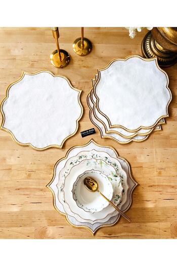 CASA DE BELLA 6 Pieces Embroidered Linen Charger with Gold Detail American Service
