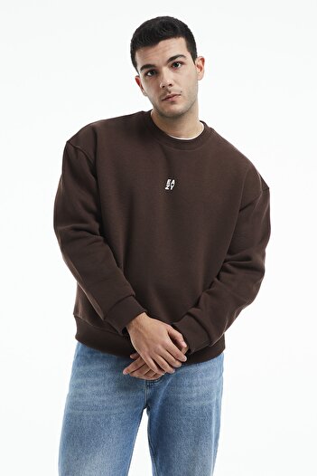 Eazy Co Φούτερ Eazy Basic Oversize Unisex Σκούρο Καφέ Crew Neck Χοντρό