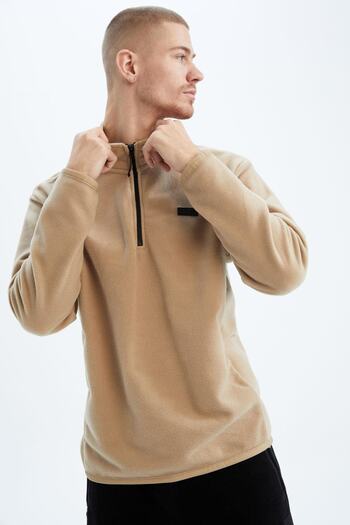DeFacto Defactofit Standard Fit Stand-up γιακά Basic Fleece Sweat Sand