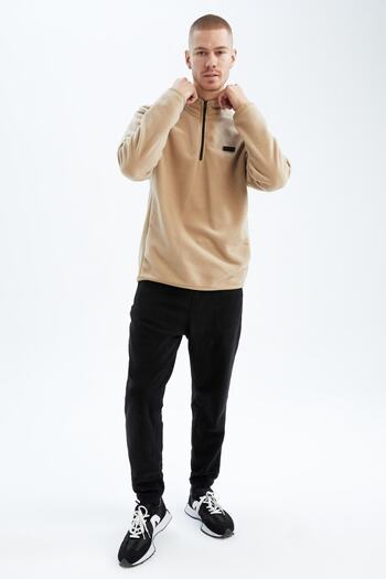 DeFacto Defactofit Standard Fit Stand-up γιακά Basic Fleece Sweat Sand