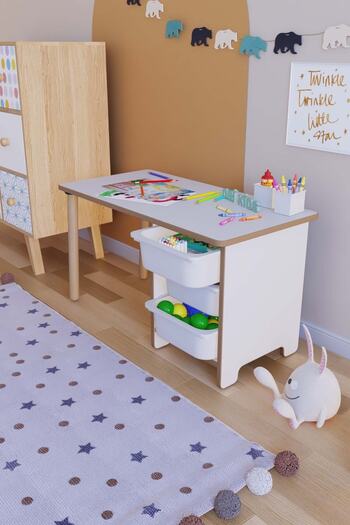 OBİ Atölye Oyun & Aktivite Masası 90x45 Cm Oyuncak Dolabı 3 Sepetli Çocuk Çalışma Masası Oyun Masası - Beyaz