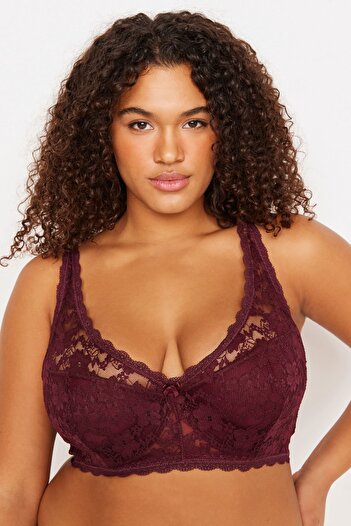 Trendyol Curve Burgundy Lace Covered Plus Size Bra Tbbaw23Cw00003