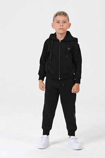 Black One Boy's Double Pocket Hooded Zippered 3 Thread Fabric Children's Tracksuit Set with Cord