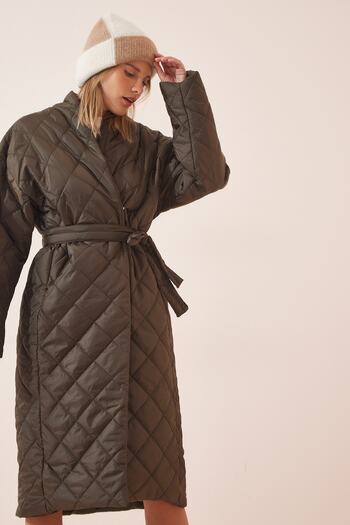 Happiness İstanbul Dámský khaki šálový límec oversize prošívaný kabát HM00053