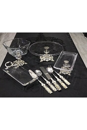 Santara Avangard Silver Cast Foot Magnificent Set Composed of 4 Presentation and Special Design 5-Piece Service Set