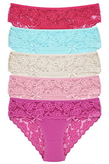Zena 5-Piece Cotton Front Waist And Back V Lace Slip Women's Panties