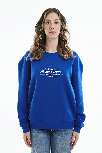 Eazy Co Eazy Manifest Oversize Unisex Saks Синій велосипедний комір Товстий світшот