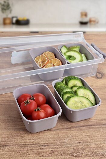 HOBBY LİFE Grand 4 Compartment Covered Multi-Purpose Storage Box Breakfast Organizer Taupe