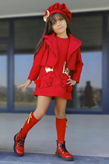 Riccotarz Girl's Front Zipper Jacket Rabbit Embroidered Red Dress