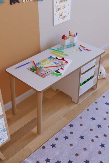 OBİ Atölye Oyun & Aktivite Masası 90x45 Cm Oyuncak Dolabı 3 Sepetli Çocuk Çalışma Masası Oyun Masası - Beyaz