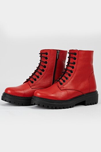 TUNAELLİ Kadın Kırmızı Hakiki Deri 35-41 Numara Bot & Bootie
