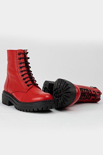 TUNAELLİ Kadın Kırmızı Hakiki Deri 35-41 Numara Bot & Bootie