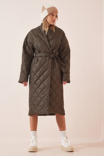Happiness İstanbul Dámský khaki šálový límec oversize prošívaný kabát HM00053