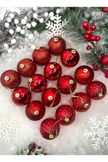 Huzur Party Store 16'lı Kırmızı Renkli Cici Top 6 Cm Simli Mat Parlak Kabartmalı Yılbaşı Yeni Yıl Çam Ağacı Kutulu Süs