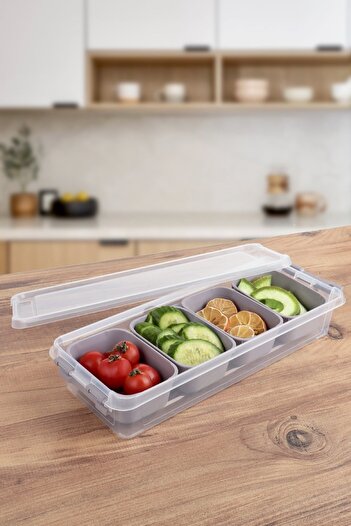 HOBBY LİFE Grand 4 Compartment Covered Multi-Purpose Storage Box Breakfast Organizer Taupe