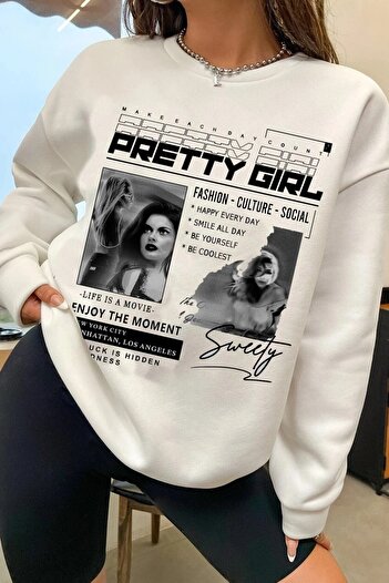 MODAGEN Унісекс білий світшот з принтом Pretty Girl з горловиною з екіпажем