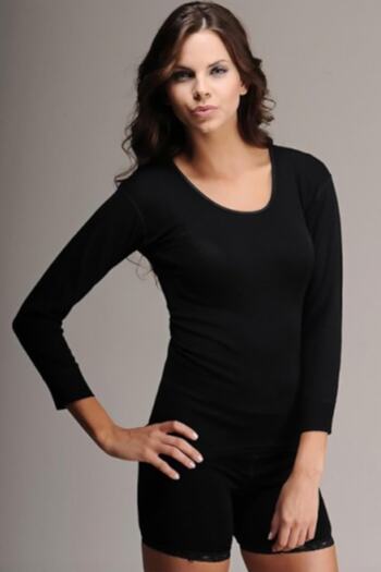 Hasyün Women's Black Wool Ribbed Long Sleeve Undershirt 75% Wool 25 Acrylic