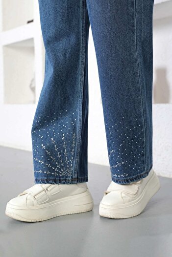 Modamihram Stone Detailed Denim Trousers Dark Denim 6043
