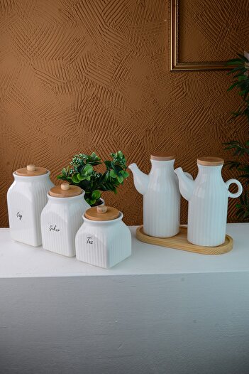 Kitchen Pembelia 6-Piece Wooden Stand 2-Piece Striped Porcelain Oil Pot and 3-Piece Tea Candy Salt Jar Dowry Bowl Set
