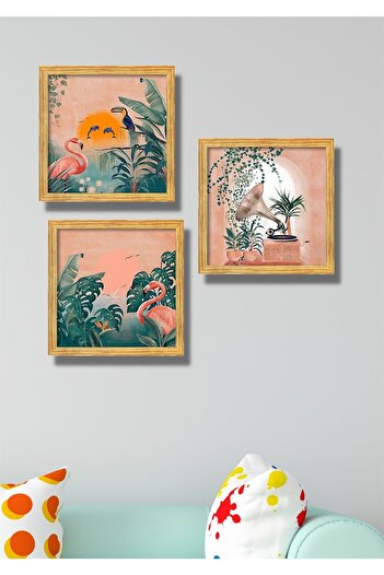 NT Handmade 3 Piece Wooden Frame Look Flamingo Wall Decor - Painting Set for Living Room Kitchen Bedroom