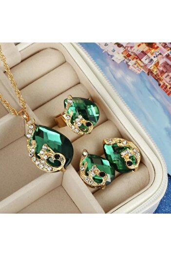 Takıtolia Victorian African Crystal Emerald Green Jewelled Water Drop Necklace Earrings Ring Valentine's Day Gift Set
