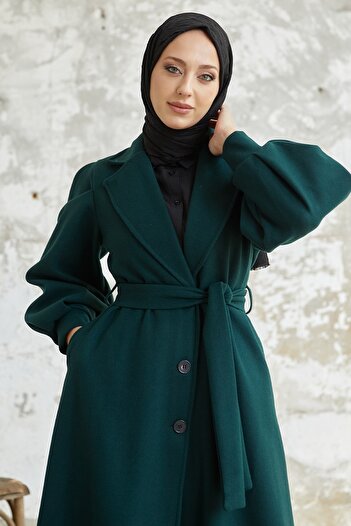 InStyle Diana Balloon Sleeve Belted Cashmere Coat - Emerald Green