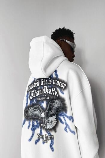Machetta Hooded White 'born Again Eagle' Front-Back Back Printed Oversize Sweatshirt