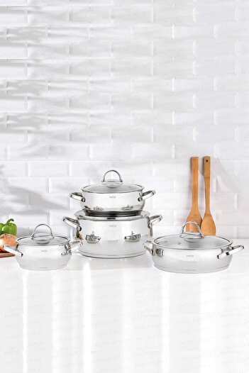 Nehir Silver Luxury 8 Piece Steel Pot and Pan Set with Glass Lid