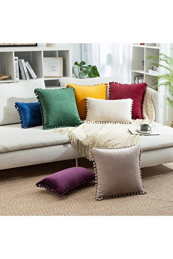 Bc Home Kırmızı Minik Ponponlu Yumuşak Dokulu Kare Kırlent Kılıfı Iskandinav, Bohem,düz, Sade