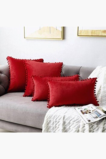 Bc Home Kırmızı Minik Ponponlu Yumuşak Dokulu Kare Kırlent Kılıfı Iskandinav, Bohem,düz, Sade
