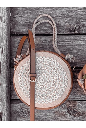 HEYBE'S Women's Handmade Lace Detailed Round Straw Shoulder Bag