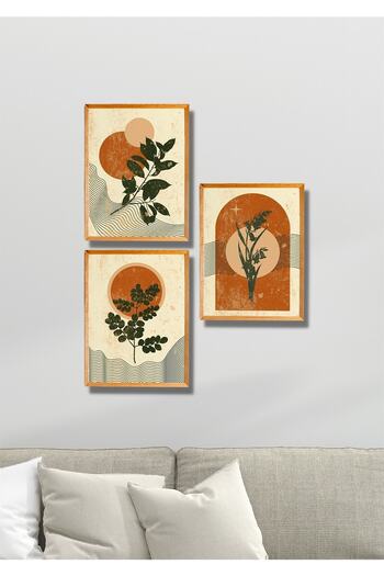 NT Handmade 3 Piece Wood Frame Look Retro Leaf Wall Decor - Painting Set for Living Room Kitchen Bedroom