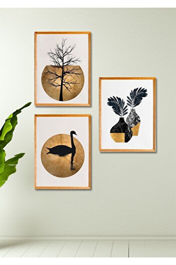 NT Handmade 3 Piece Wooden Frame Look Swan Wall Decor - Painting Set for Living Room Living Room Bedroom Kitchen
