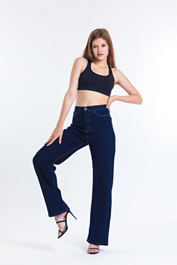 SHEVEGA Lacivert Yüksel Bel Likralı Wide Leg Boyfriend Jean Bol Paça Kot Pantolon (GENİŞ KALIP)