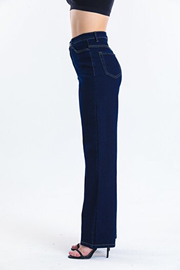 SHEVEGA Lacivert Yüksel Bel Likralı Wide Leg Boyfriend Jean Bol Paça Kot Pantolon (GENİŞ KALIP)