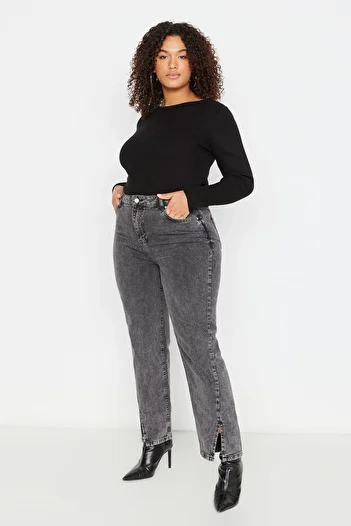 Trendyol Curve Anthracite High Waist Leg Detailed Booutcut Jeans TBBSS22JE0614
