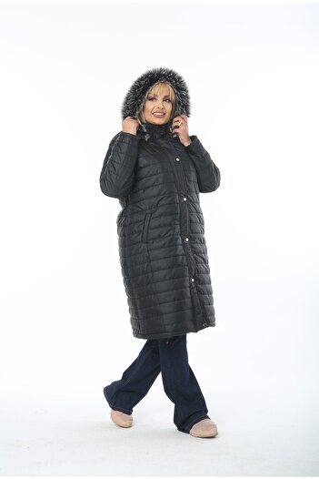 By Alba Collection Γυναικείο Μαύρο Καπιτονέ Παλτό Plus Size