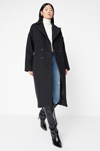 Trendyol Collection Černý oversize široký střih dlouhý vlněný kašmírový kabát TWOAW21KB0038