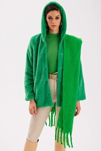 Sateen Lined Hooded Plush Coat - Green
