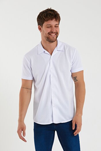 BUCADO Men's White Honeycomb Patterned Open Collar Short Sleeve Summer Shirt