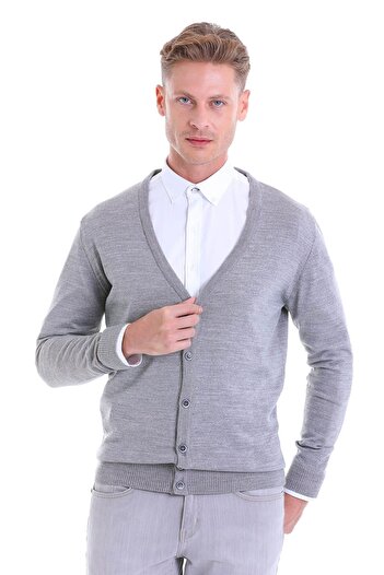 Hatemoğlu Gray Comfort Fit Plain V-Neck Wool Knitwear Cardigan