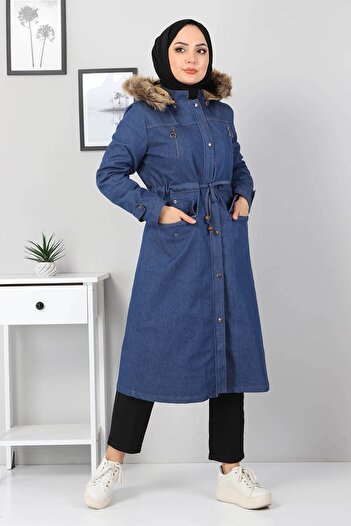Modamihram Zipper Detailed Denim Coat Blue 9735