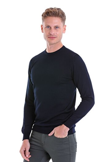 Hatemoğlu Navy Blue Comfort Fit Plain Crew Neck Woolen Sweater