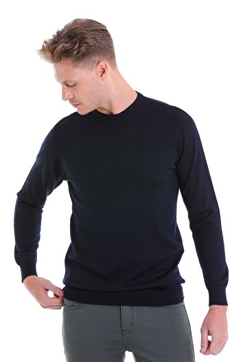 Hatemoğlu Navy Blue Comfort Fit Plain Crew Neck Woolen Sweater
