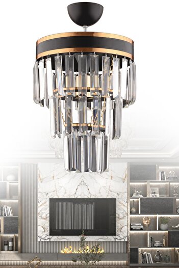 KUZEY AYDINLATMA Çağla Tekli Siyah Üç Katlı Kristal Modern Aydınlatma