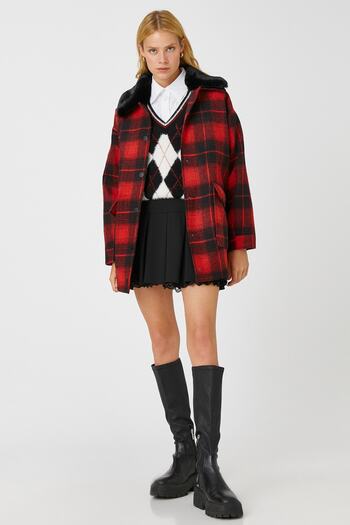 Koton Women's Red Plaid Coat 3WAK00283EW