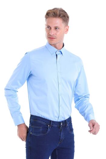Hatemoğlu Μπλε Comfort Fit Μασίφ 100% βαμβακερό μακρυμάνικο κλασικό σατέν πουκάμισο